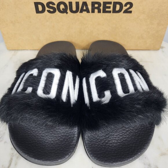 NWB~$825~DSQUARED2~8/8.5~ICON BLACK WHITE GENUINE RABBIT FUR SANDALS SLIDES - Picture 7 of 16